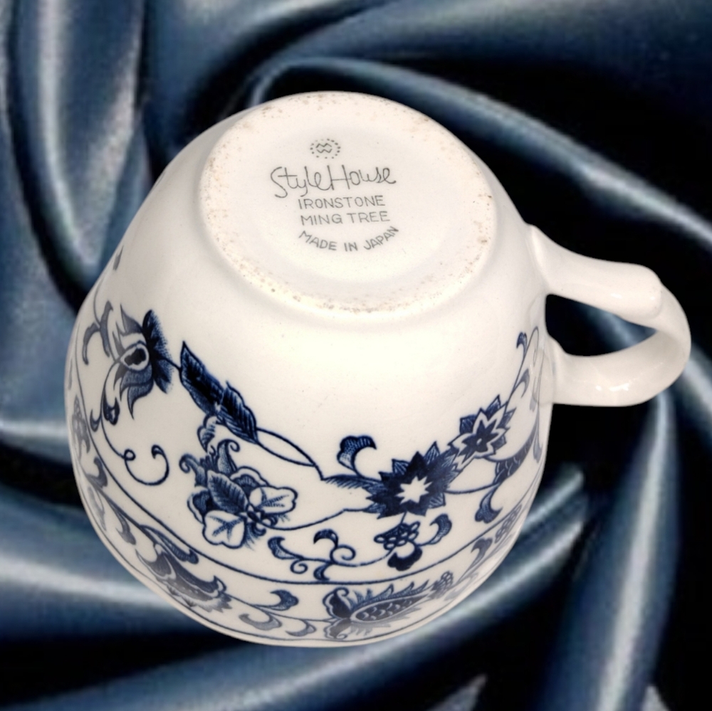 Ironstone Ming Tree ~ Blue and White Floral Teacup Set with Creamer. Japan - Picture 6 of 11
